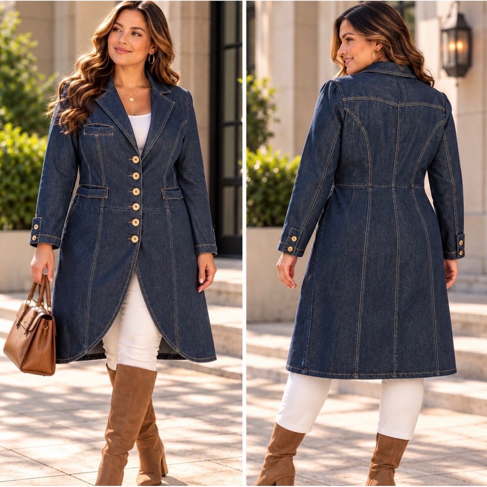 Jessica London Blue Denim Duster Blazer Longline Jean Coat Button Front 14